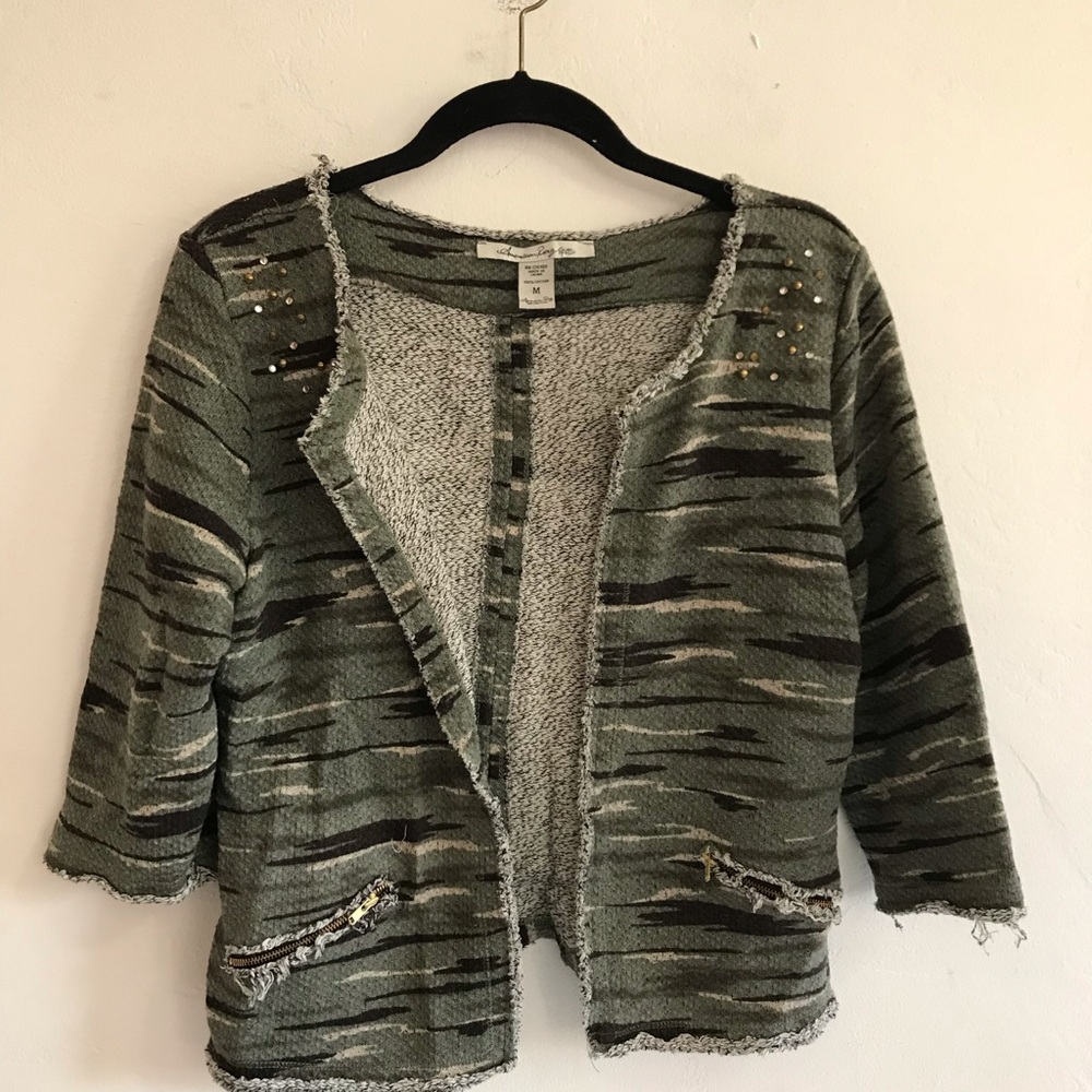 American Rag Cie Jacket Womens Size M Green Camo Open Cardigan 3/4 Sleeve